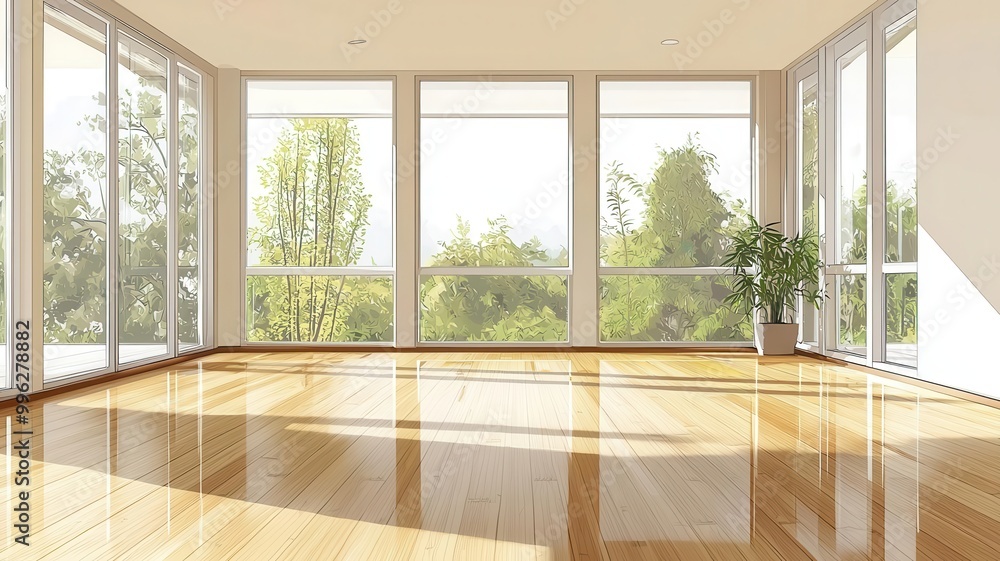 Open living space with bamboo flooring, large windows, and natural light, flat design illustration Open living space with bamboo flooring, large windows, and natural light, flat design illustration