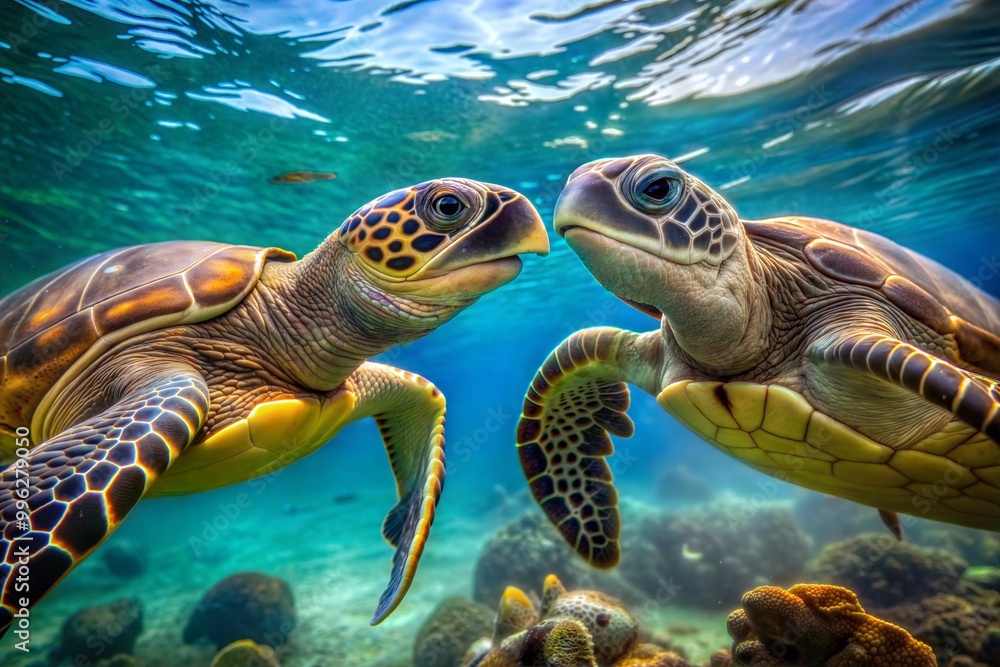 Fototapeta premium Two sea turtles swimming in clear ocean water