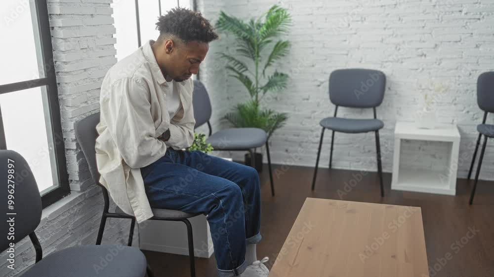 Young man sitting indoors in a waiting room showing discomfort, wearing casual clothes and leaning forward, surrounded by gray chairs and white walls. Young man sitting indoors in a waiting room showing discomfort, wearing casual clothes and leaning forward, surrounded by gray chairs and white walls.
