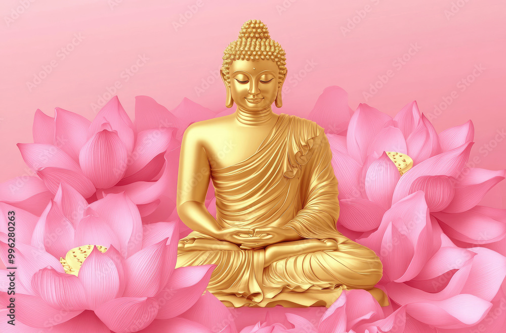 Golden Buddha with pink Lotus Flower Background Vector Illustration Golden Buddha with pink Lotus Flower Background Vector Illustration