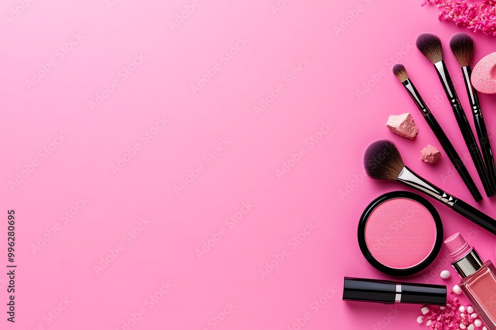 Makeup tools and cosmetics on a pink background for beauty enthusiasts and skincare lovers. Makeup tools and cosmetics on a pink background for beauty enthusiasts and skincare lovers.
