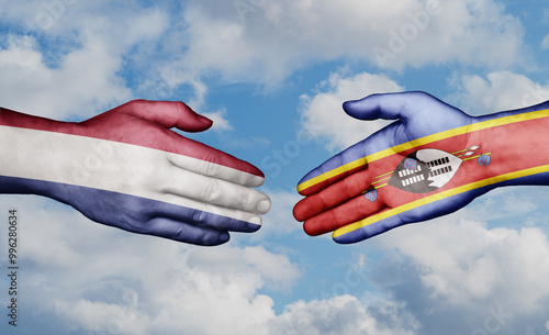 Eswatini formerly Swaziland and Netherlands country handshaking with flags, consensus concept international co-operation illustration photo