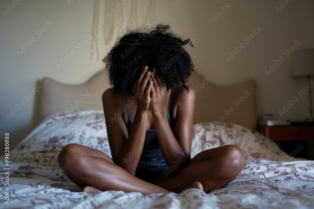 Naklejka premium Happy Sad. Depressed African American Teenage Girl Sitting Alone on Bed