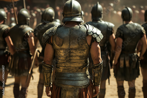 Group of Gladiators Strategizing in Ancient Roman Arena 