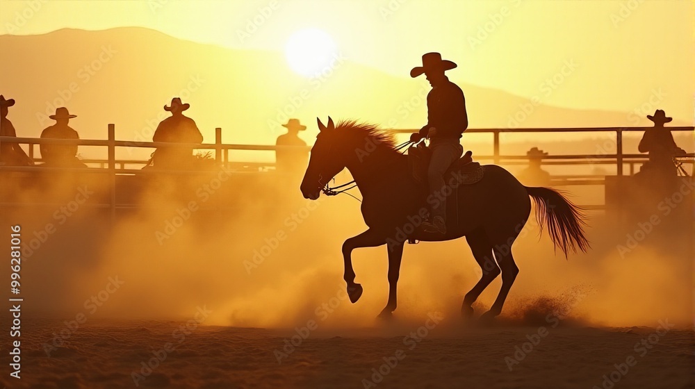 Obraz premium A Cowboy Riding a Bucking Horse at a Dusty Rodeo Arena During Sunset