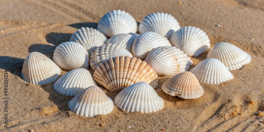 Collection of seashells arranged on sandy beach patterns. Collection of seashells arranged on sandy beach patterns.