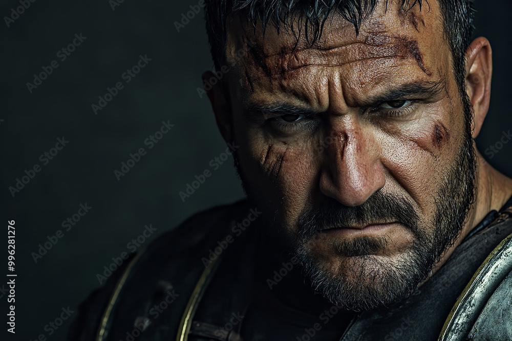 Portrait of a Scarred Veteran Gladiator with Contemplative Gaze Portrait of a Scarred Veteran Gladiator with Contemplative Gaze
