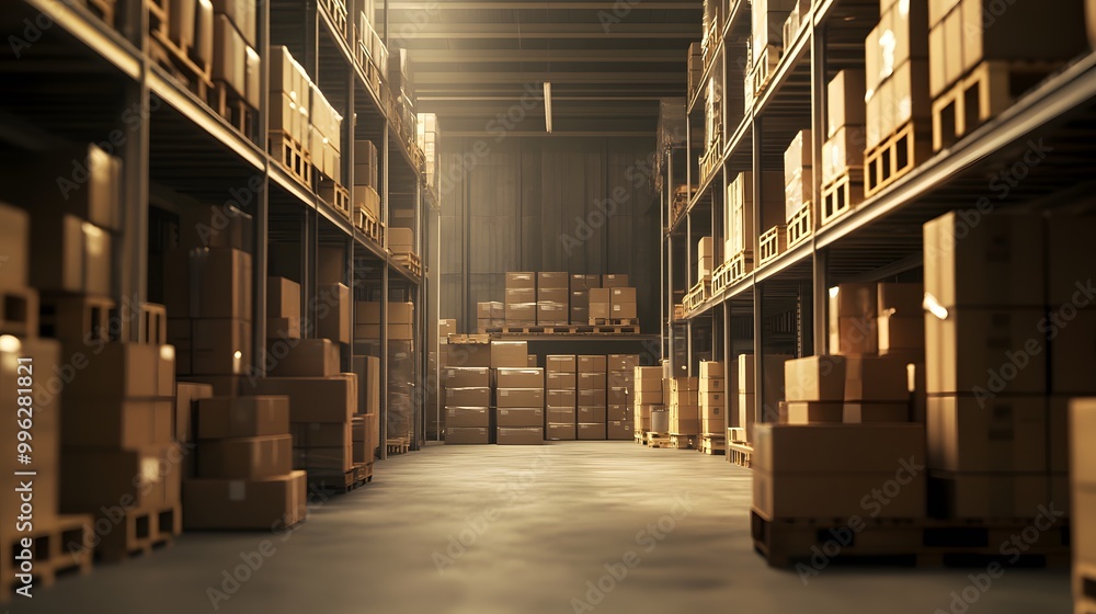 Shot of a large warehouse with neatly stacked boxes and pallets filled with goods, creating an atmosphere that evokes the essence of modern storage technology Shot of a large warehouse with neatly stacked boxes and pallets filled with goods, creating an atmosphere that evokes the essence of modern storage technology