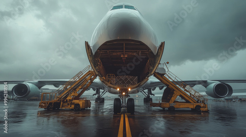 Aircraft with its nose lifted open, revealing oversized cargo being carefully secured inside, industrial environment, overcast skies photo