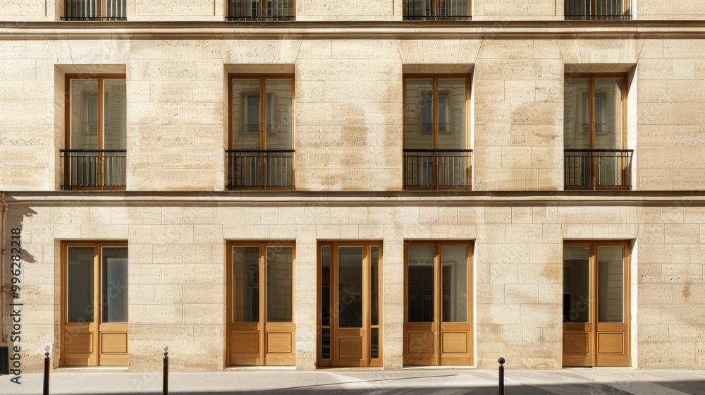 Obraz premium Modern Parisian building facade, minimalist design, full wall with windows and doors, sunny afternoon light, serene atmosphere, no people around.