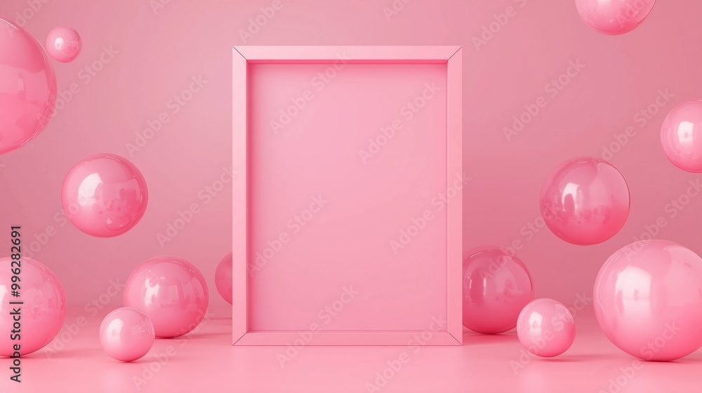 A pink frame surrounded by glossy spheres on a soft pink background, perfect for showcasing creative artwork or designs. A pink frame surrounded by glossy spheres on a soft pink background, perfect for showcasing creative artwork or designs.
