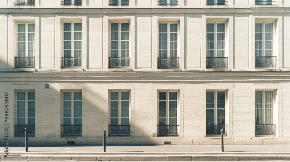 Fototapeta premium Modern Parisian building facade, minimalist design, full wall with windows and doors, sunny afternoon light, serene atmosphere, no people around.