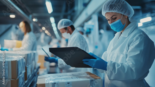 A logistics team carefully managing pharmaceutical air transport, monitoring temperature and ensuring compliance with health regulations photo