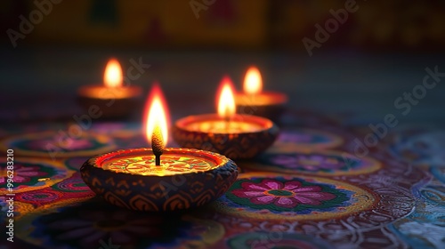 Candles, flames, glowing, dark background, bokeh, sparkle, light.