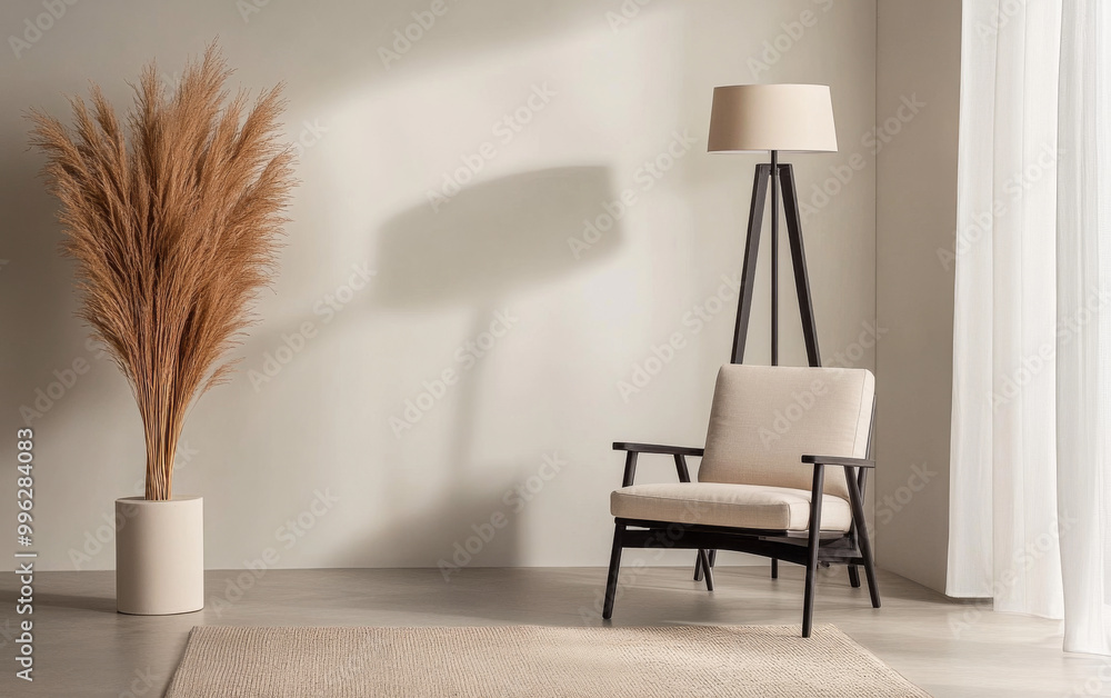 Stylish minimalistic interior featuring a comfortable chair and decorative pampas grass in a contemporary setting Stylish minimalistic interior featuring a comfortable chair and decorative pampas grass in a contemporary setting