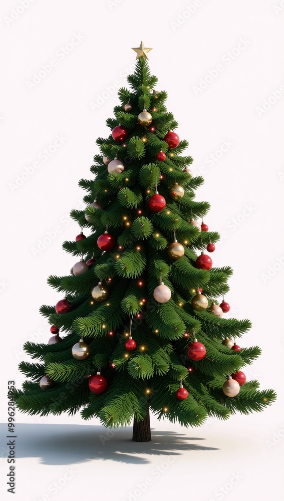 A CG rendered 3D illustration showcases a Christmas tree adorned with festive decorations A CG rendered 3D illustration showcases a Christmas tree adorned with festive decorations