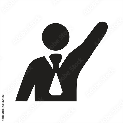 Journalist icon. Business seminar. Conference. Hand up. Question icon
