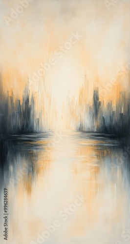 Abstract modern painting of cityscape, beige and gold color palette, reflections on water, thick brush strokes,