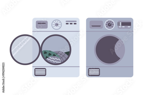 Washing and drying machine. Vector illustration of washing machine with open door and laundry inside. Drying machine with closed door. Electronic laundry equipment for housekeeping.