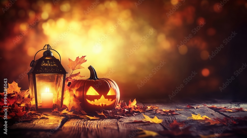 Halloween-themed background featuring a glowing jack-o'-lantern and an old lantern placed on a rustic wooden table, surrounded by scattered autumn leaves. The warm light from the pumpkin creates a coz Halloween-themed background featuring a glowing jack-o'-lantern and an old lantern placed on a rustic wooden table, surrounded by scattered autumn leaves. The warm light from the pumpkin creates a coz