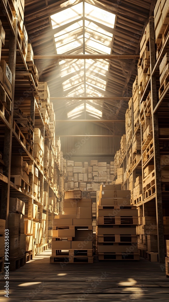 Shot of a large warehouse with neatly stacked boxes and pallets filled with goods, creating an atmosphere that evokes the essence of modern storage technology Shot of a large warehouse with neatly stacked boxes and pallets filled with goods, creating an atmosphere that evokes the essence of modern storage technology