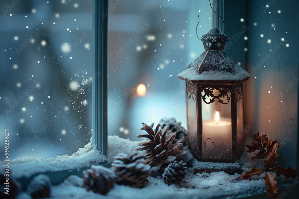 Christmas preparation, Christmas lantern on a windowsill surrounded by snow-covered pinecones, with snow falling outside at night Christmas preparation, Christmas lantern on a windowsill surrounded by snow-covered pinecones, with snow falling outside at night