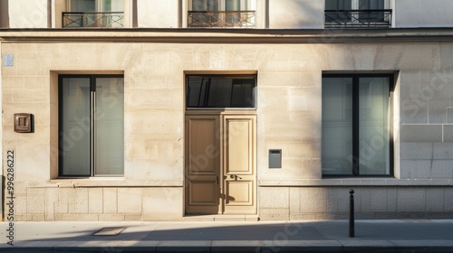 Modern Parisian building, minimalist design, complete wall with windows and doors, sunny afternoon light, tranquil street scene, no people around. photo