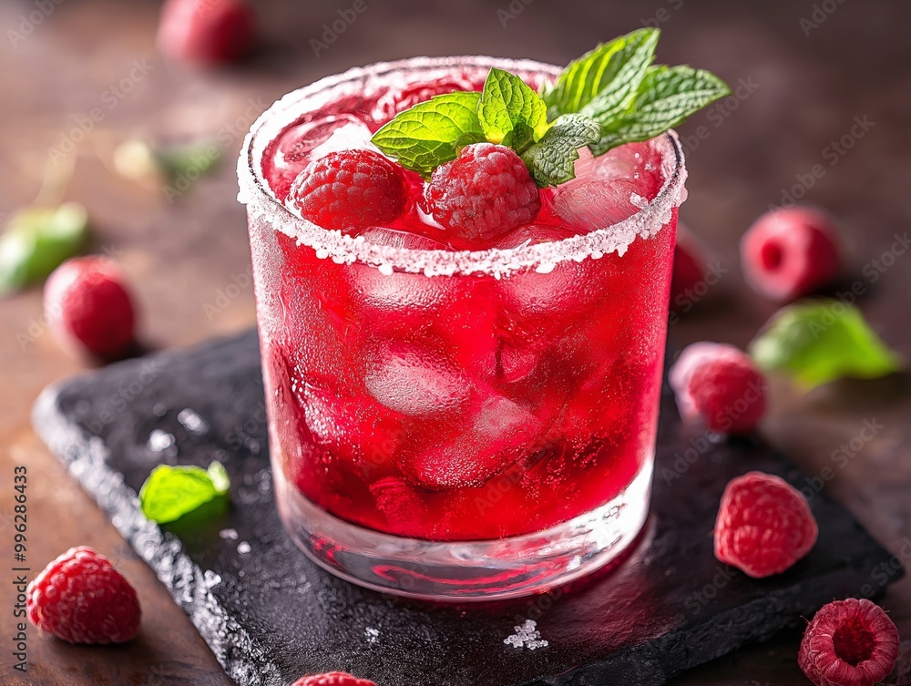 Raspberry mint mocktail with fresh raspberries and mint leaves, served in a clear glass with a sugar rim Raspberry mint mocktail with fresh raspberries and mint leaves, served in a clear glass with a sugar rim