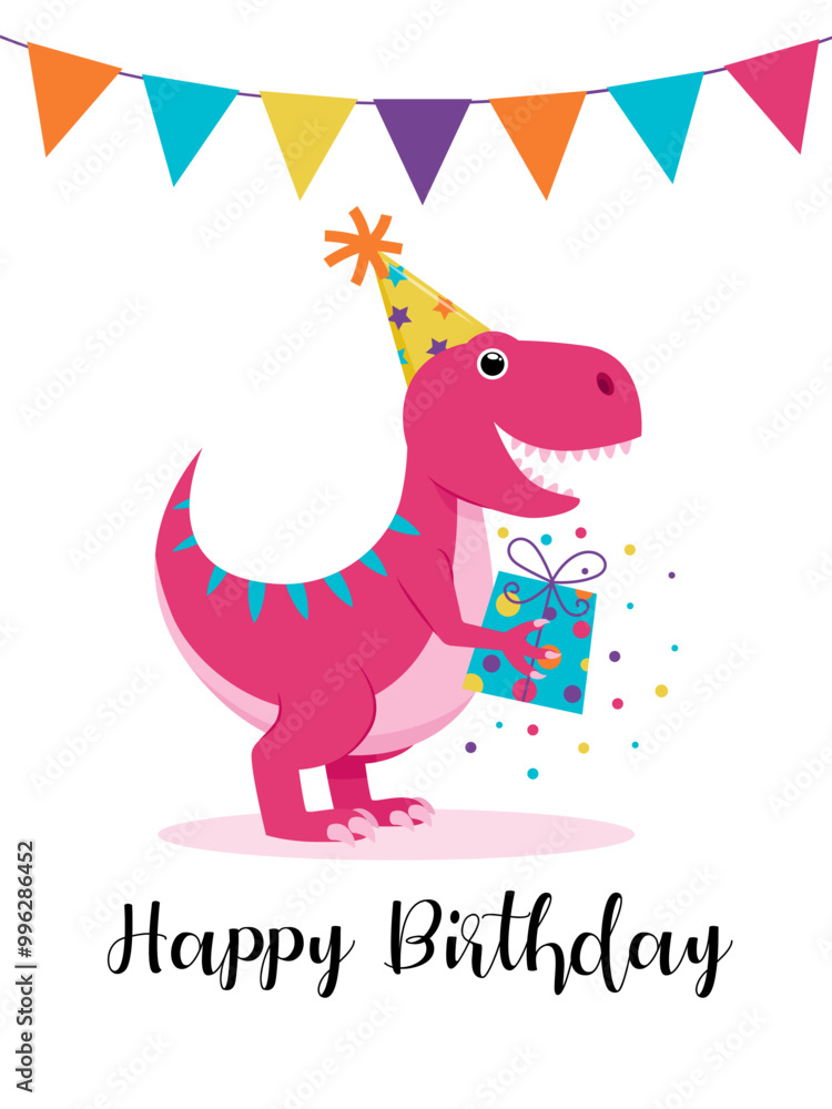 dinosaur happy birthday card vector, smiling pink dinosaur in party hat holding gift. Ideal for birthday invitations, cards, and party decorations with a fun theme. dinosaur happy birthday card vector, smiling pink dinosaur in party hat holding gift. Ideal for birthday invitations, cards, and party decorations with a fun theme.