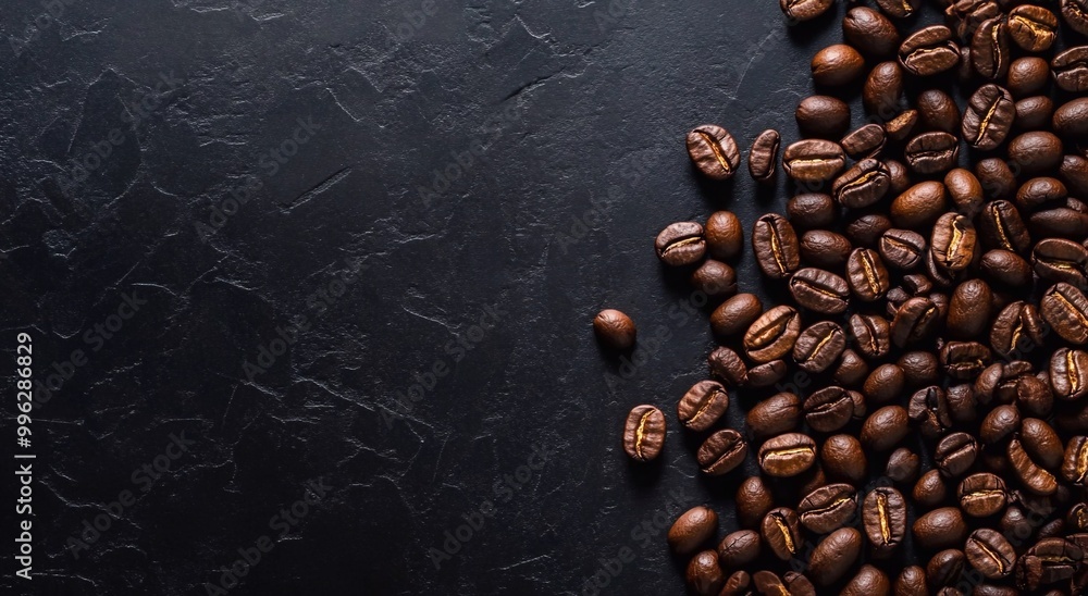 Top view of fresh roasted organic coffee beans on black background.Macro.AI Generative. Top view of fresh roasted organic coffee beans on black background.Macro.AI Generative.