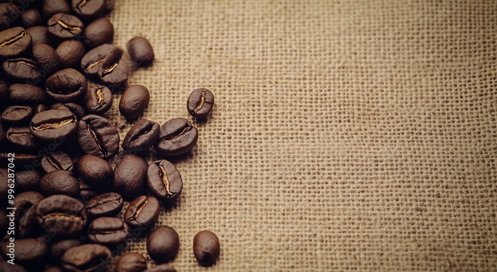 Fresh roasted organic coffee beans on linen bag background.Macro.AI Generative. Fresh roasted organic coffee beans on linen bag background.Macro.AI Generative.