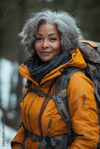 Elderly black woman hiking outdoors in bright orange jacket, exuding confidence and warmth