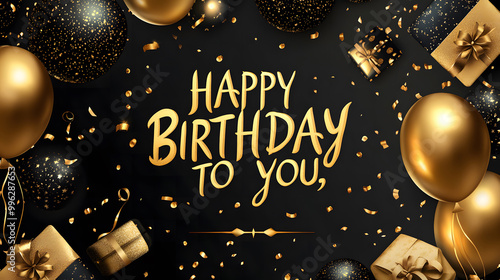 Elegant Gold and Black Happy Birthday Celebration with Balloons design