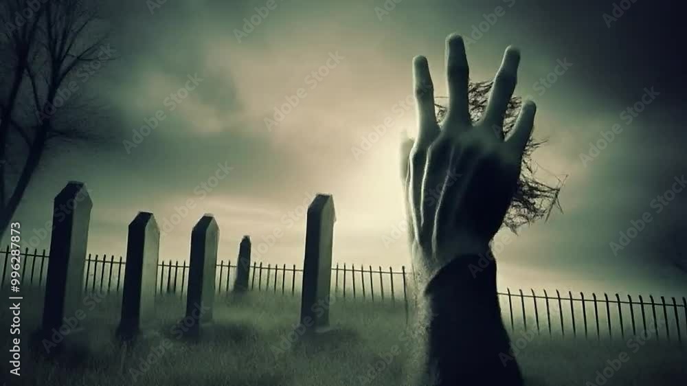 Halloween night background of numerous scary zombie hands risen up. Hands reaching out to the sky. Horror and fear concept. All Saints' Night at the Cemetery animation