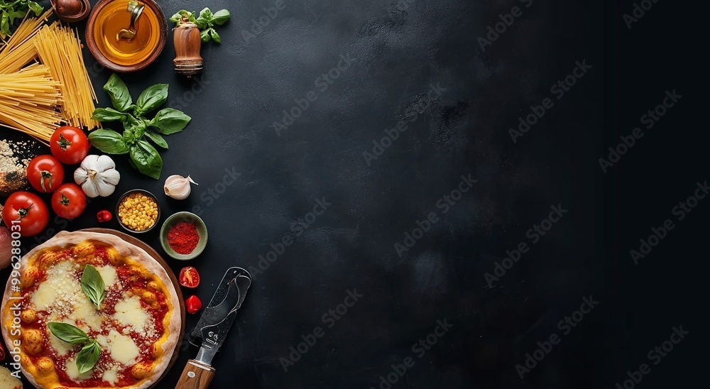 Top view of various italian traditional cuisine food with pizza and pasta with vegetables and olive oil on black kitchen table.Macro.AI Generative. Top view of various italian traditional cuisine food with pizza and pasta with vegetables and olive oil on black kitchen table.Macro.AI Generative.