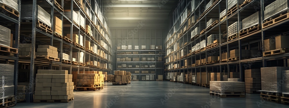 Shot of a large warehouse with neatly stacked boxes and pallets filled with goods, creating an atmosphere that evokes the essence of modern storage technology Shot of a large warehouse with neatly stacked boxes and pallets filled with goods, creating an atmosphere that evokes the essence of modern storage technology