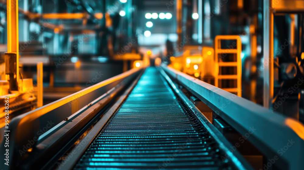 conveyor belt transporting raw materials in modern industrial setting, illuminated by ambient lighting, showcases efficiency and technology of manufacturing processes conveyor belt transporting raw materials in modern industrial setting, illuminated by ambient lighting, showcases efficiency and technology of manufacturing processes