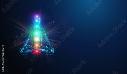 Abstract illustration of chakras glow over human sitting in lotus yoga pose in low poly style. Blue geometric background depicting chakra system, mental health and meditation concept by wireframe mesh