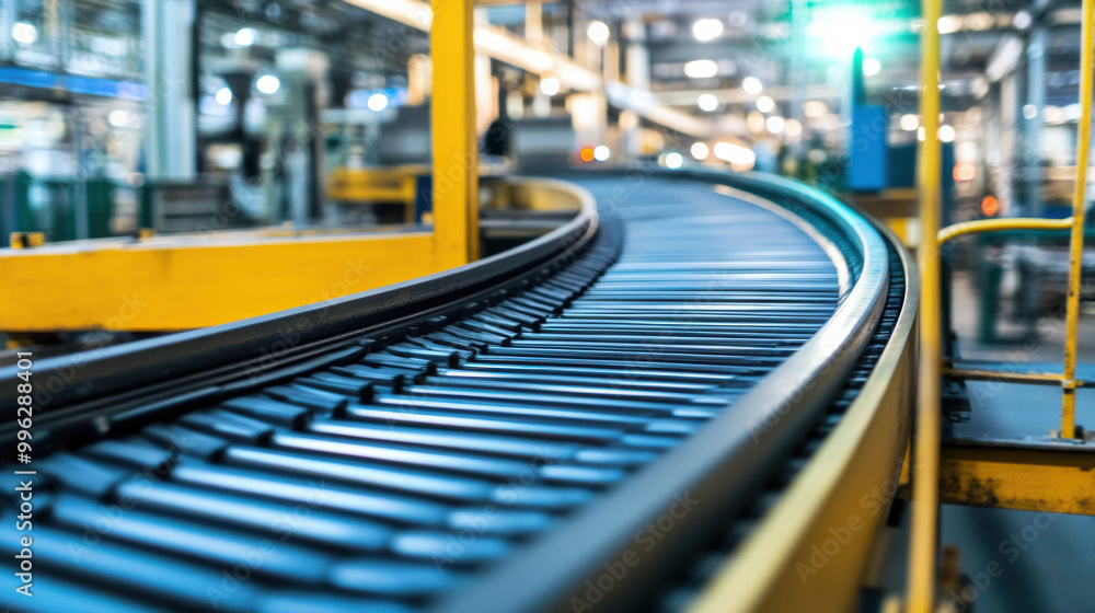 Conveyor belt transporting materials in modern industrial facility, showcasing efficiency of automated systems. vibrant colors and dynamic lines create sense of movement and productivity Conveyor belt transporting materials in modern industrial facility, showcasing efficiency of automated systems. vibrant colors and dynamic lines create sense of movement and productivity