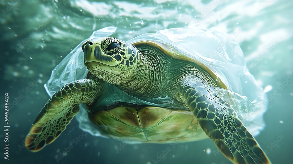 Fototapeta premium Sea turtle trapped in plastic bag, ocean pollution