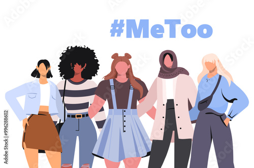 Portrait of young diverse women hugging together. Women support each other. The Me Too Movement. Stop harassment. Sexual harassment. Flat vector illustration. Not AI generated