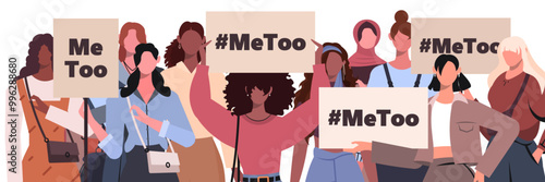  A group women in casual clothes holds a placards in hands with the inscription Me Too. The Me Too Movement. Anti sexism protest against inappropriate behavior towards women. Vector. Not AI generated