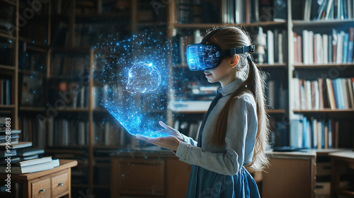 School student with VR headset using AI artificial intelligence technology & machine learning.Interactive technology in classroom. Innovation & smart tech. AI blue hologram in education