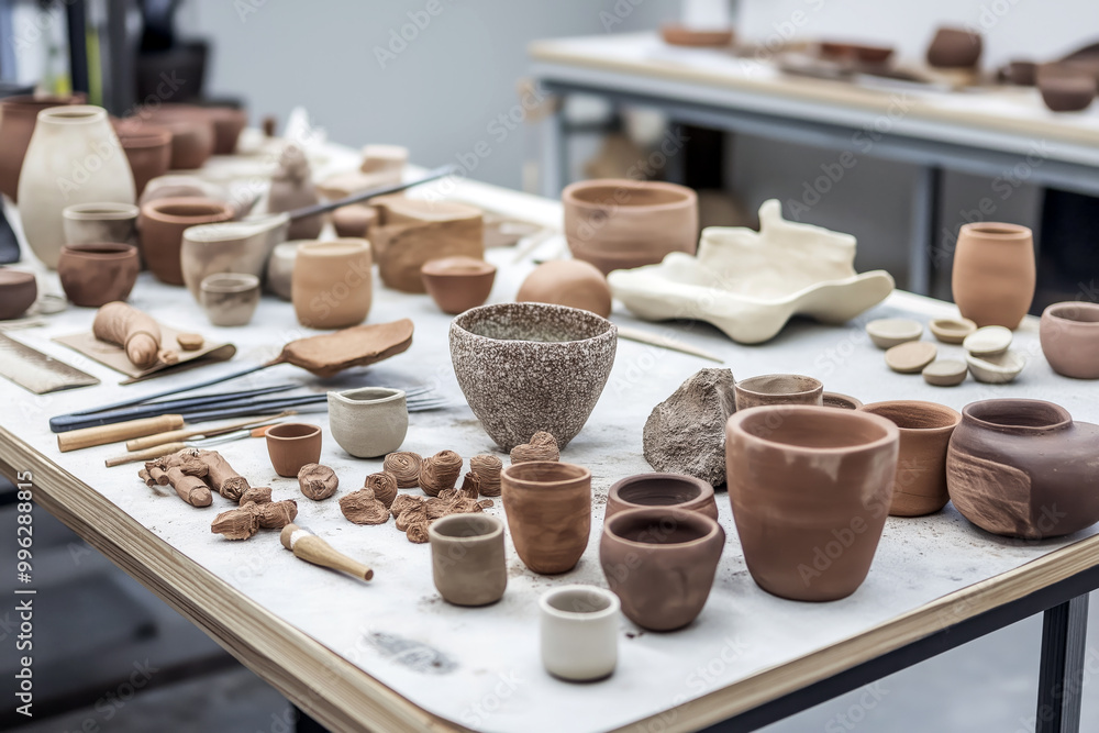 Fototapeta premium A table filled with clay in various stages of preparation, tools, and finished ceramic products, showing the complete production process.