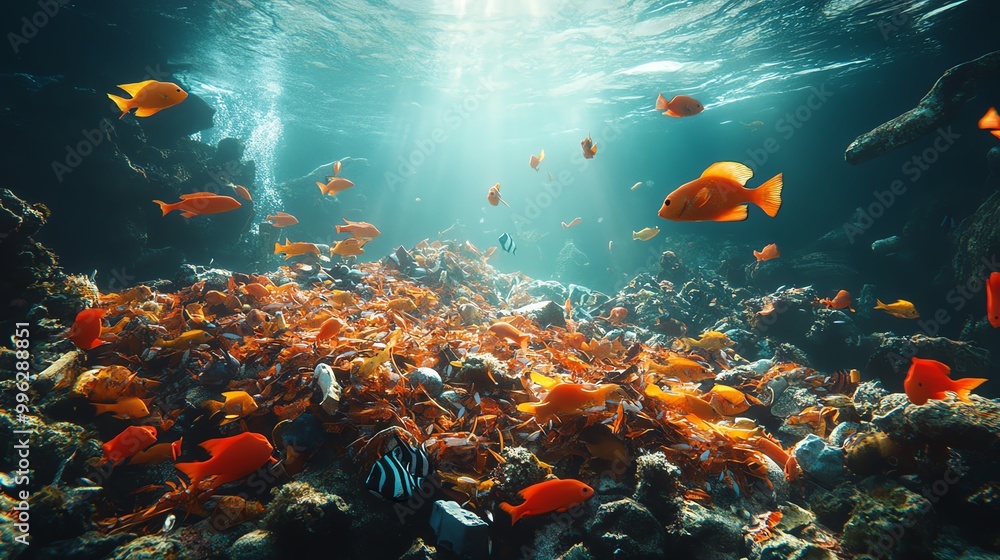 Naklejka premium Sunlight beams through polluted ocean water with fish swimming above debris.