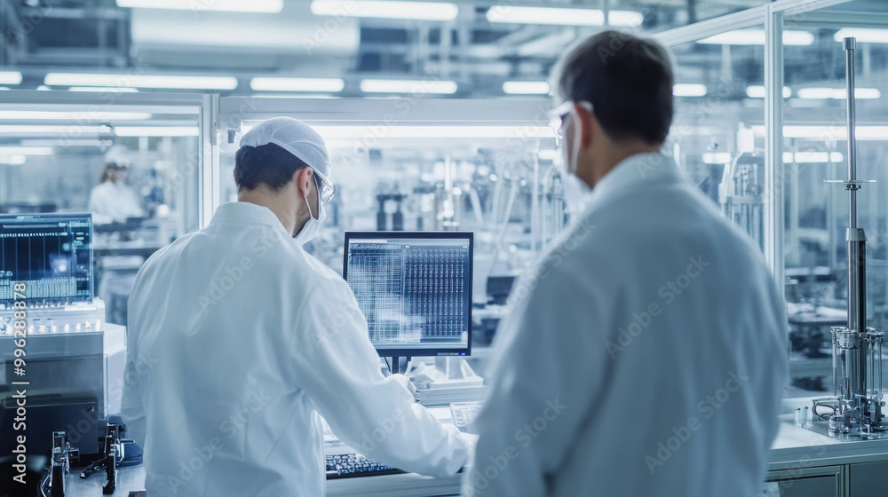 Obraz premium In modern laboratory, team of engineers is closely monitoring production processes on computer screen, showcasing precision and collaboration in high tech environment