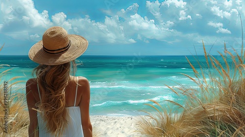 Stylish Woman in black cloth looking at the sea and standing on the beach. Enjoying holiday vacation. Minimalism