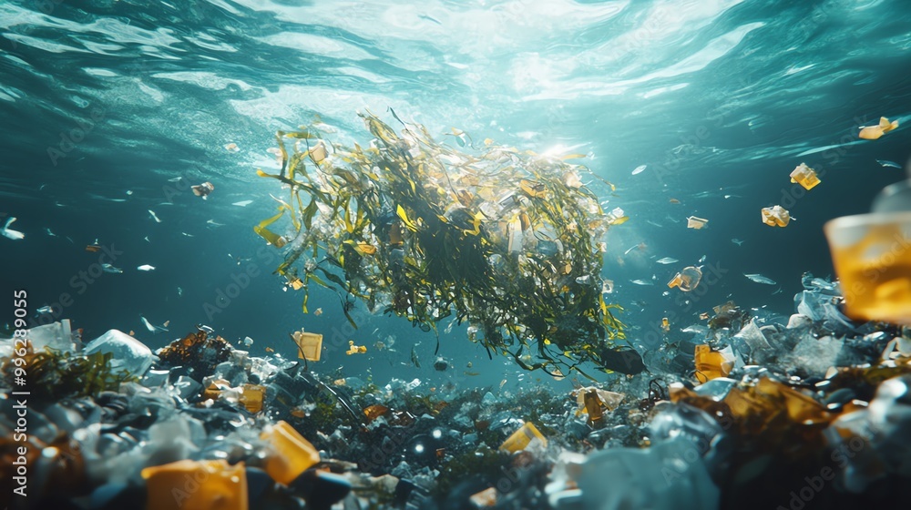 Fototapeta premium Seaweed intertwined with plastic debris, a stark contrast of natural elements and manmade pollution under the sea