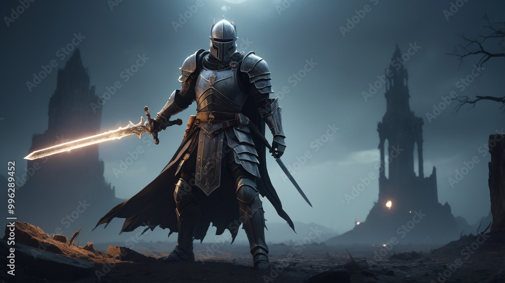 Fototapeta premium Ghostly Knight with Glowing Sword in Dark Landscape