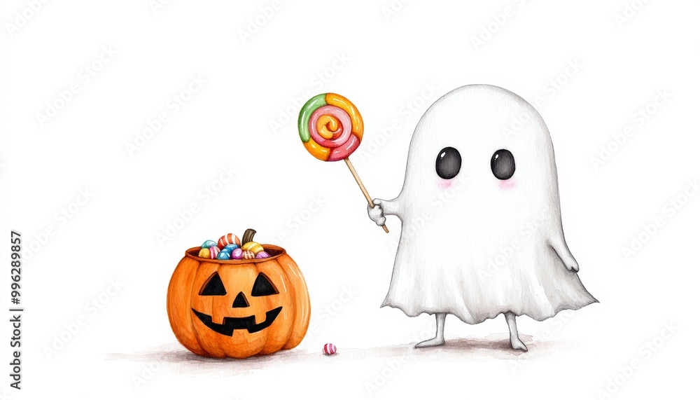 Adorable ghost trick-or-treating with a pumpkin candy bucket and colorful lollipop in hand. Adorable ghost trick-or-treating with a pumpkin candy bucket and colorful lollipop in hand.